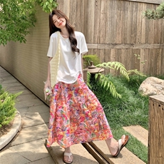 2025夏季新款松弛风多色印花半身裙套装简约不规则流苏T恤两件套，女装半身裙，2D014