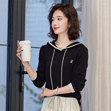 黑色显瘦连帽针织衫修身刺绣上衣春秋薄款卫衣帽衫，女装卫衣/绒衫，梦懿尔