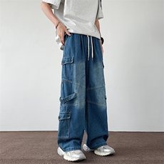 多口袋工装牛仔裤男2024冬季美式宽松阔腿裤潮裤子N738-P60，男装牛仔裤，星座308B-2