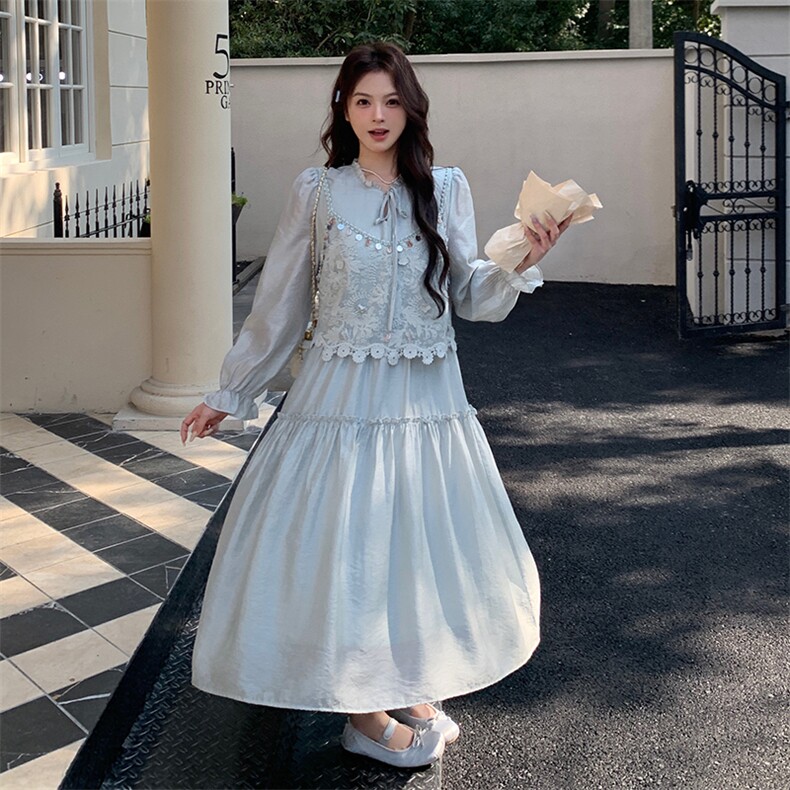 蓝色清新减龄连衣裙女2025春季新款高腰显瘦少女感吊带,女装连衣裙,2C220