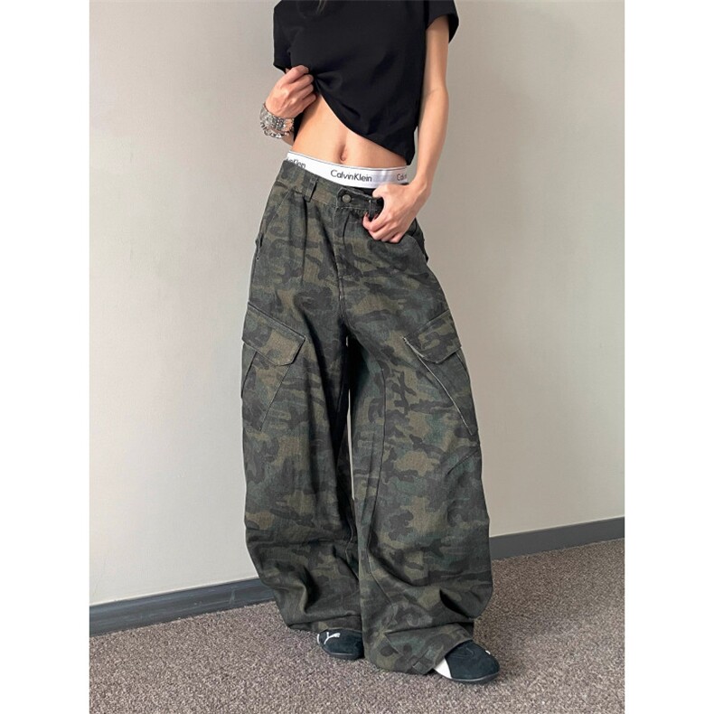 美式高街复古迷彩工装裤小众设计弯刀裤男女镰刀裤情侣休闲长裤潮,男装工装外套,四季星座505
