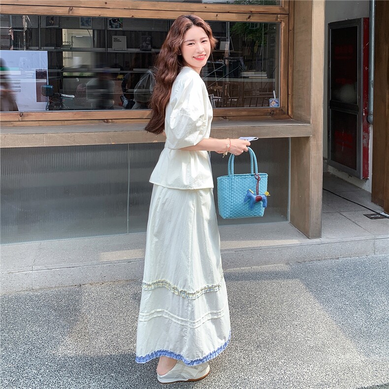 蓝色高级感衬衫套装裙女2025夏季新款巨好看气质绝美半身裙两件套,女装套装/套裙,慧尚依恋