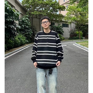 条纹重磅圆领男士卫衣秋季宽松时尚休闲男打底衫 WA173图片