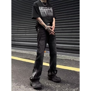 美式裤子高街扎染黑色渐变牛仔裤男款宽松显瘦直筒设计感小众长裤图片
