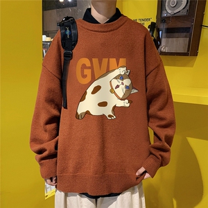 1港风圆领中性情侣潮流大码M-5XL印花加厚毛衣男7740P48加绒P55图片