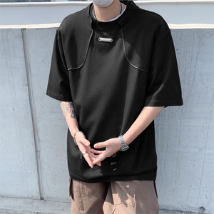 韩版ins小众解构设计感短袖t恤男高级感休闲宽松百搭纯色半袖上衣图片