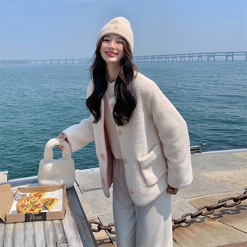 粉色两面穿羊羔毛外套女2024年冬季新款奶fufu小个子加厚连帽棉服,女装羊羔毛/颗粒绒,浪娴服饰