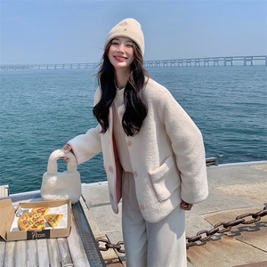 粉色两面穿羊羔毛外套女2024年冬季新款奶fufu小个子加厚连帽棉服图片