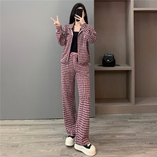 韩版休闲运动套装女秋新款粉色千鸟格立领抽绳上衣直筒长裤两件套，女装套装/套裙，江南