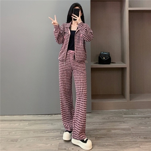 韩版休闲运动套装女秋新款粉色千鸟格立领抽绳上衣直筒长裤两件套图片