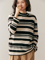 新款圆领条纹针织长袖套头上衣女，女装针织衫/毛衣，鸥蕊娅羊绒