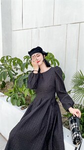 时尚圆领泡泡袖收腰连衣裙,女装连衣裙,Balance Studio