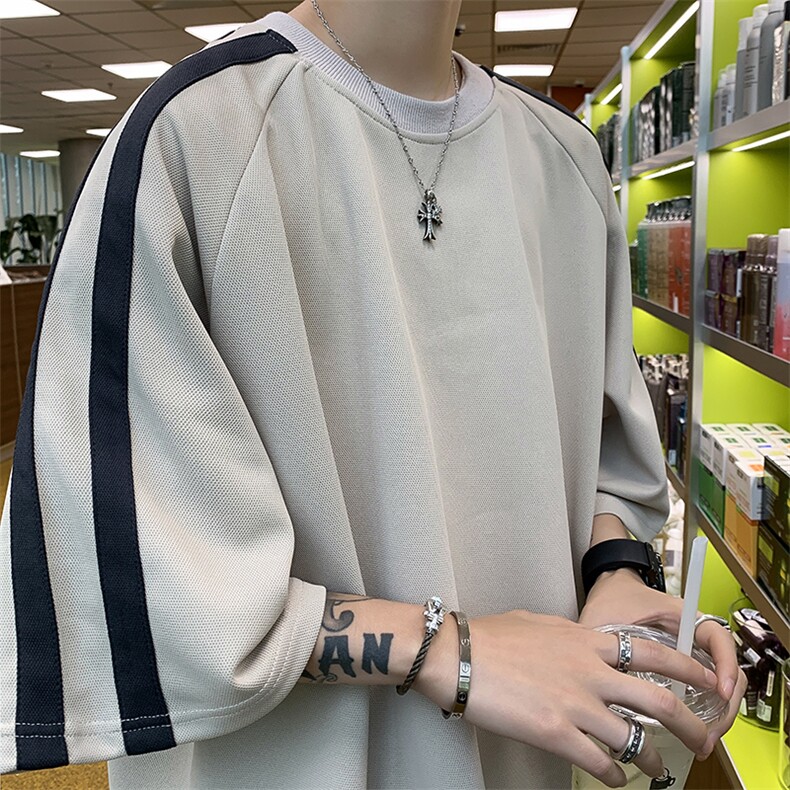 高品质夏款男短袖T恤宽松条纹拼接五分袖T恤衫T246P30,男装T恤,星座1013-1