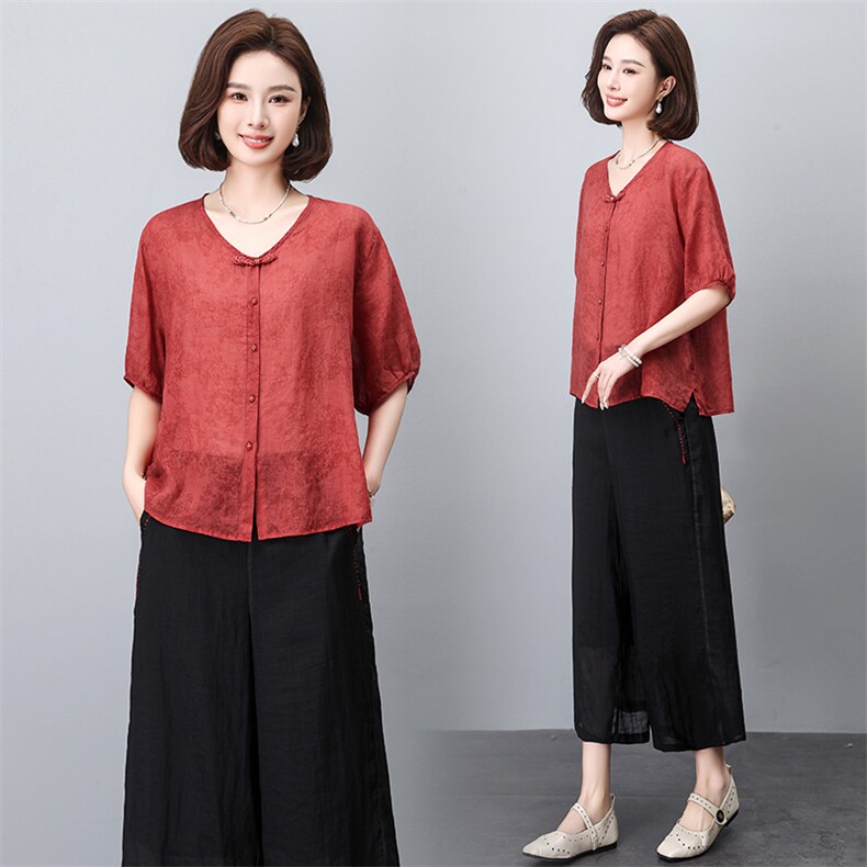 盘扣上衣绣花七分裤套装2024夏装新款薄款宽松复古中年妈妈，女装大码女装，奕阳依阁