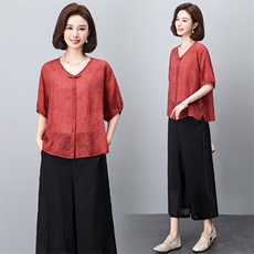 盘扣上衣绣花七分裤套装2024夏装新款薄款宽松复古中年妈妈，女装大码女装，奕阳依阁