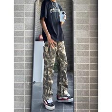 迷彩工装裤男士牛仔裤潮牌男夏薄款美式高街vibe休闲直筒微喇裤子，男装牛仔裤，星座601-1