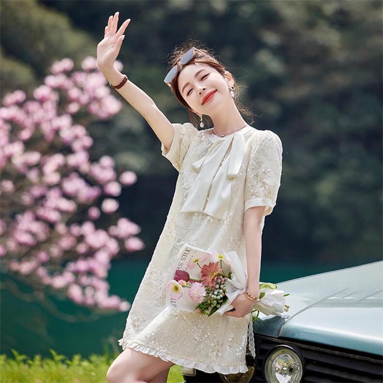 气质减龄泡泡袖连衣裙女2025年夏季新款小个子时尚公主裙,女装连衣裙,韩蜜菓