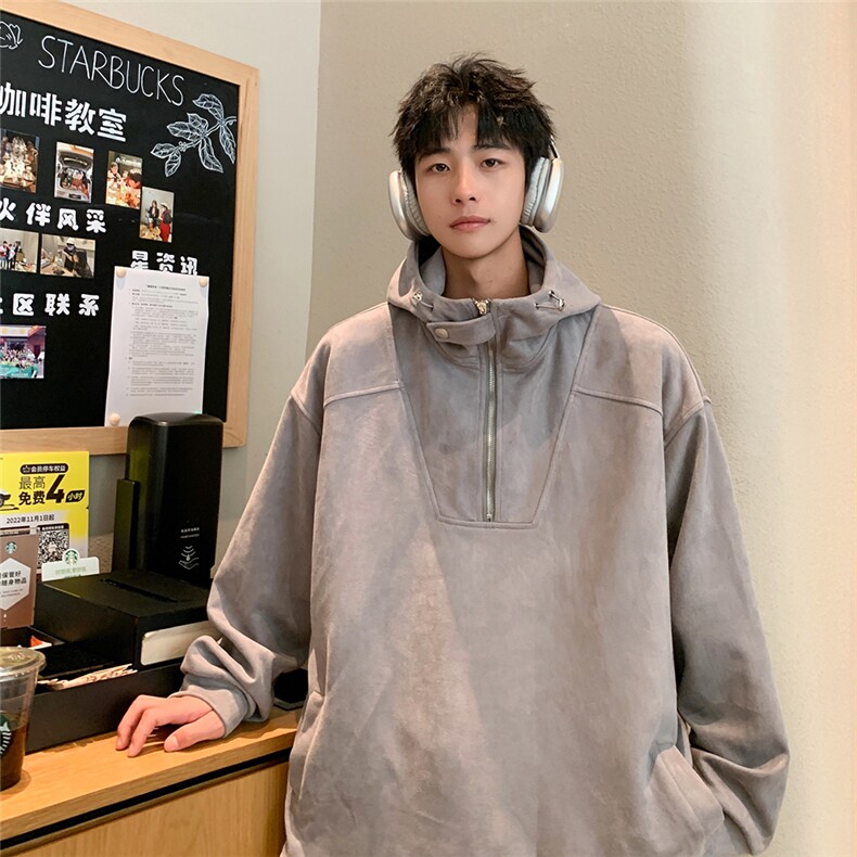 EQ307 小众设计感秋季连帽套头麂皮绒卫衣男港风ins潮流外套图片