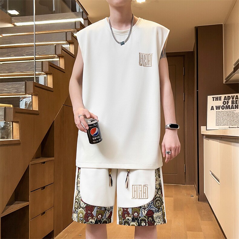 夏季薄款背心两件套潮圆领男士刺绣套装五分短裤A266-TZ1108-P46,男装休闲套装,电商A266