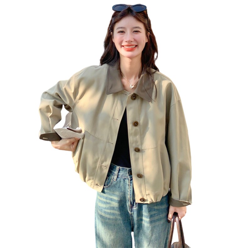 设计感撞色PU皮拼接翻领外套女2025年秋季新款韩版小个子短款夹克,女装短外套,2C012