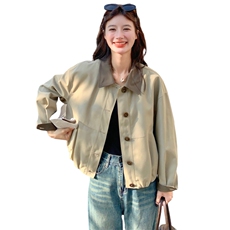 设计感撞色PU皮拼接翻领外套女2025年秋季新款韩版小个子短款夹克，女装短外套，2C012