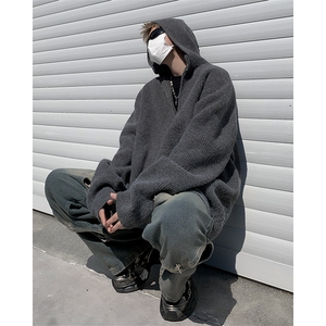 半拉链毛衣男士韩版宽松连帽针织衫ins设计感套头上衣服M022-p53图片