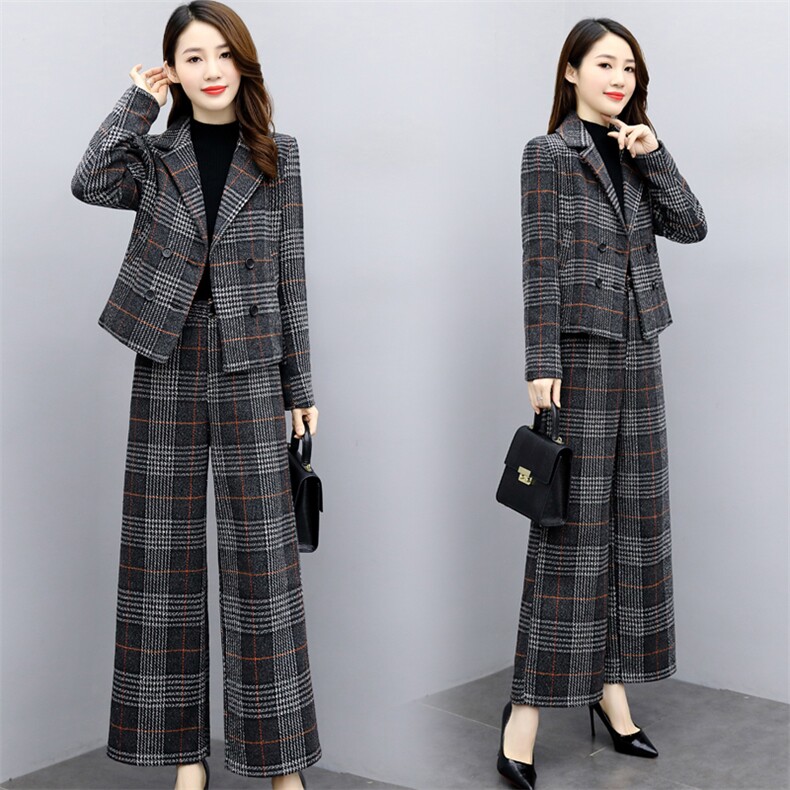 2024新款女装冬两件套裤大码格子毛呢外套阔腿裤休闲时尚套装女潮,女装套装/套裙,香莘料