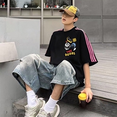 抖音得物品质二开240克宽松纯棉美式潮牌印花三条杠中性风短袖T恤，男装T恤，电商A486