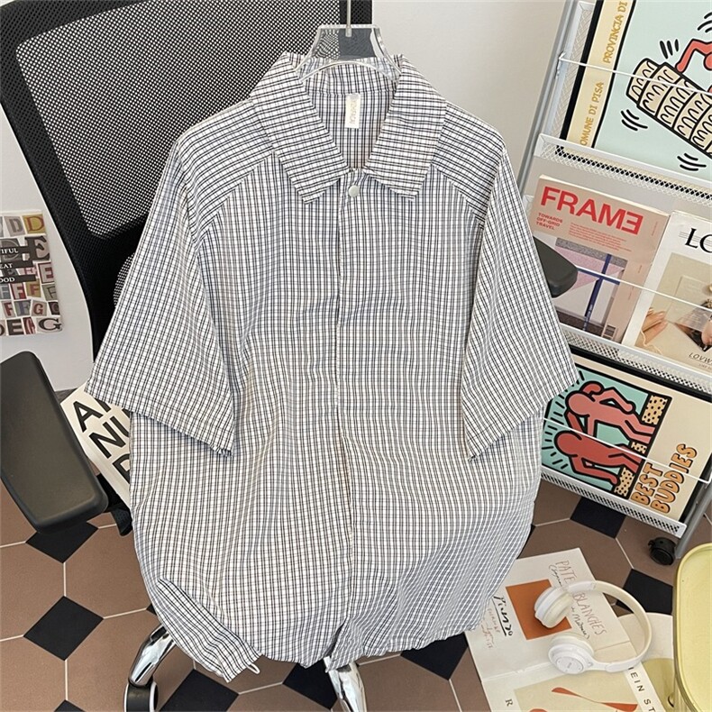 格纹短袖衬衫男女夏季宽松休闲格子衬衣日系百搭半袖上衣2276P40，男装T恤，星座410-2