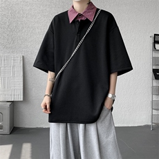 8XL-M格纹拼接假两件短袖t恤大码美式重磅polo翻领半袖DX1218/P48，男装T恤，电商B238
