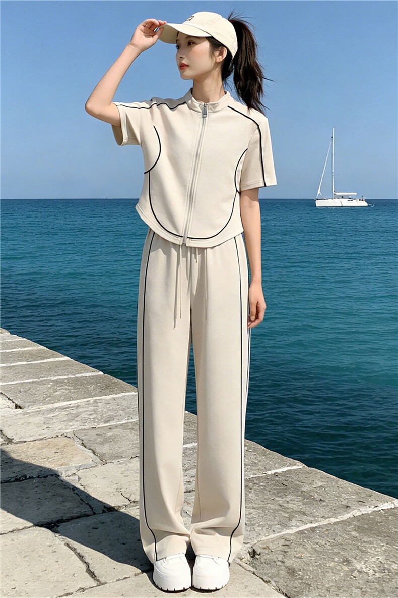 时尚休闲套装女夏新款修身显瘦条纹拼接立领开衫上衣阔腿裤两件套,女装套装/套裙,江南
