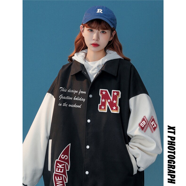 中性风23春季潮流拼接翻领字母印花棒球服夹克外套G601P85控98,男装夹克,A247A