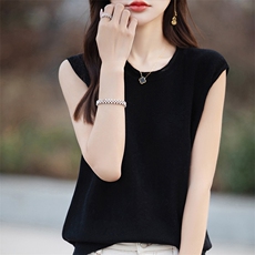 夏季新款圆领精纺羊毛针织短袖女纯色花边袖打底上衣宽松半袖T恤，女装针织衫/毛衣，郡淞羊绒