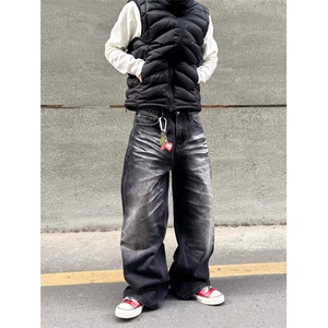 复古猫须纹水洗弯刀牛仔裤男款直筒美式微喇cleanfit裤子拖地宽松图片