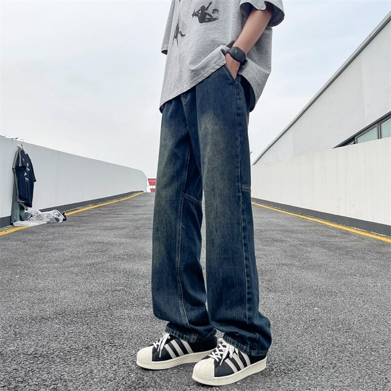 复古蓝牛仔裤夏季男生穿搭裤子宽松直筒阔腿长裤N977,男装牛仔裤,星座1116A-1（原606A）