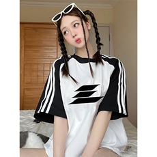 夏季美式高街重磅纯棉三条杠织带插肩撞色男女短袖T恤CZ50-特P25，男装T恤，电商A486