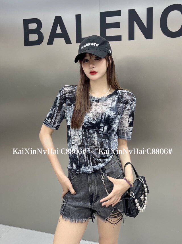 超弹网纱夏季薄款晕染可两穿带扣短袖上衣,女装T恤,东正羊绒
