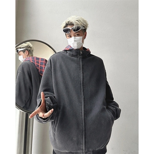 格子拼接连帽卫衣男女复古潮牌美式高街假两件开衫外套Y8088-p68图片