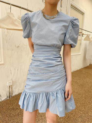 夏季点点褶皱修身连衣裙，女装连衣裙，LION&CAT(2F)