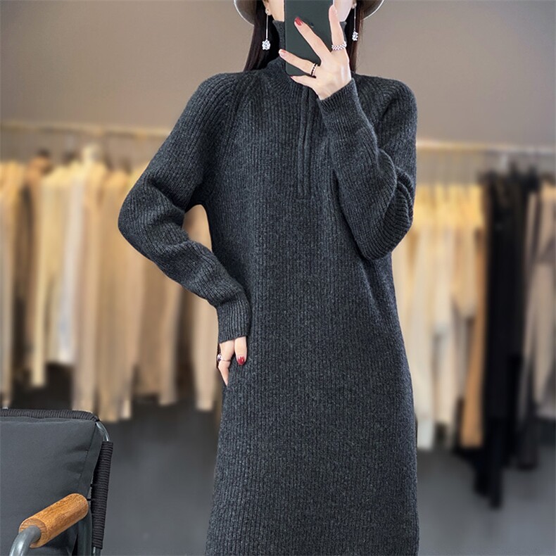 女士羊毛衫女秋冬季保暖针织POLO领羊毛裙,女装连衣裙,暖思雅