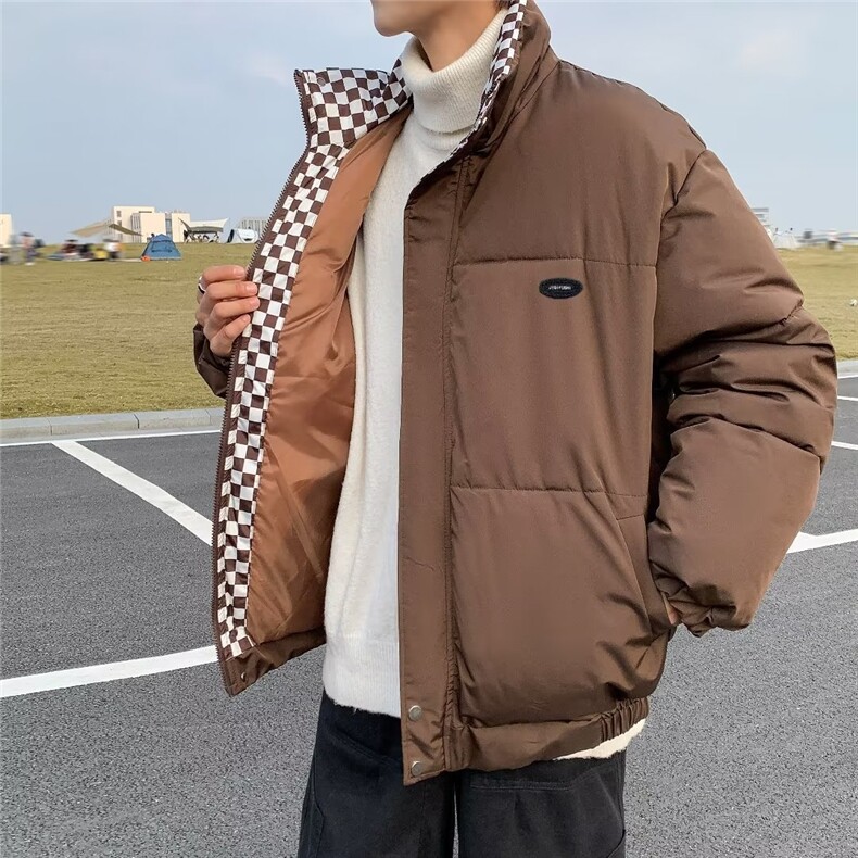 新款冬季ins美式复古棋盘格服外套男衣袄情侣面包服潮MY005图片