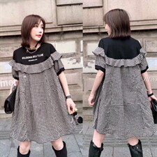 夏季新款黑格子连衣裙，女装连衣裙，恋钱