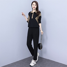 拼色洋气减龄休闲套装女士2023春秋新款微胖时尚一整套两件套，女装套装/套裙，千千佰惠