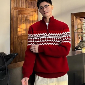 春秋季毛衣男士立领加厚加绒条纹宽松潮流上衣保暖针织打底衫男装图片