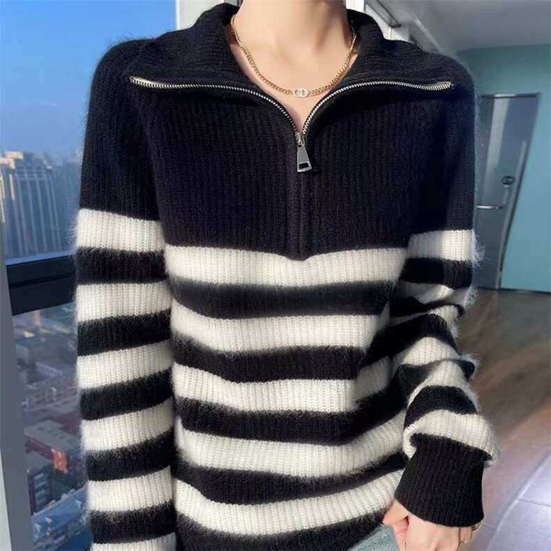 100%纯羊毛衫女半开领拉链拼色长袖加厚毛衣宽松慵懒羊绒针织打底,女装羊毛衫,胜酷羊绒