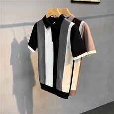 韩版修身男士竖条纹翻领针织短袖T恤青年休闲polo衫PL69003P42，男装T恤，星座1013-5