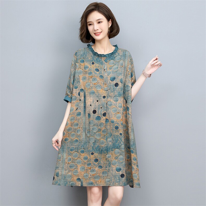 中年妈妈棉麻连衣裙女2025夏季新款宽松大码显瘦洋气印花亚麻裙子图片