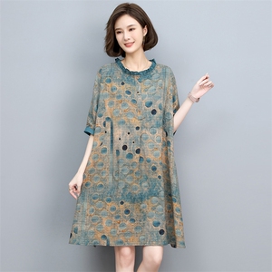 中年妈妈棉麻连衣裙女2025夏季新款宽松大码显瘦洋气印花亚麻裙子图片