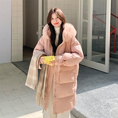 韩版宽松粉色羽绒服女2025冬季新款时尚气质中长款保暖白鸭绒外套，女装派克服，2C123