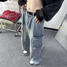 大口袋破洞牛仔裤男士韩版潮流高街帅秋季2024新款长裤RK1738-P53，男装牛仔裤，星座412-2
